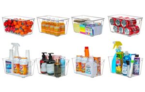 kamota plastic storage organizer basket bin with handles and lids for bathroom, pantry, kitchen cabinet, fridge, closet, bedroom, office and home organization - 8 pack - clear