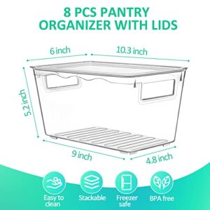 KAMOTA Plastic Storage Organizer Basket Bin with Handles and Lids for Bathroom, Pantry, Kitchen Cabinet, Fridge, Closet, Bedroom, Office and Home Organization - 8 pack - Clear