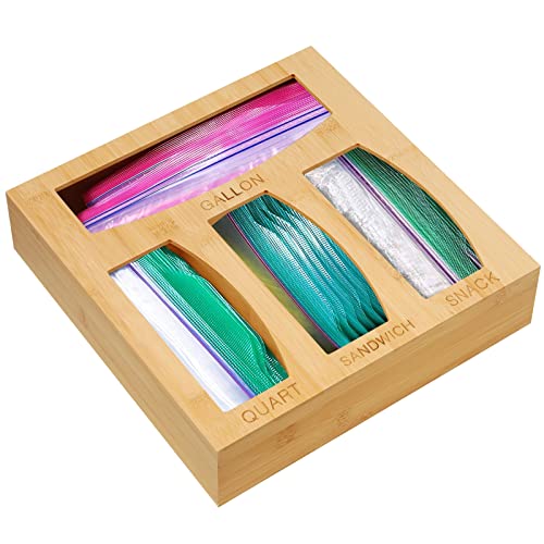 Yiketary Ziplock Bag Storage Organizer for Drawer, Bamboo Kitchen Food Storage Bag, Bamboo Baggie Holder For Gallon, Quart Snack and Sandwich Bag, Bamboo Organizer Compatible With Ziploc