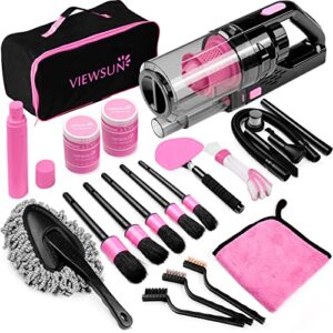 viewsun 17pcs car cleaning kit, pink car interior detailing kit with high power handheld vacuum, detailing brush set, windshield cleaner, cleaning gel, complete auto accessories for women gift