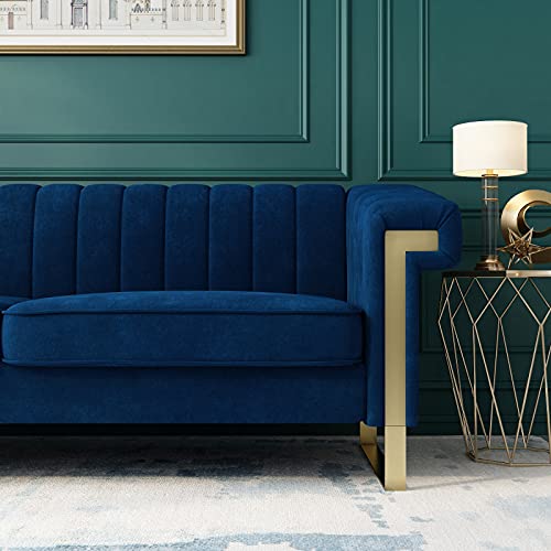 FHDLDS 84 Inch Chesterfield Sofa Mid-Century Modern Velvet Sofa with Flared Arms and Removable Cushions, Upholstered Couch with Stainless Steel Base, Loveseat for Living Room Bedroom Apartment, Blue