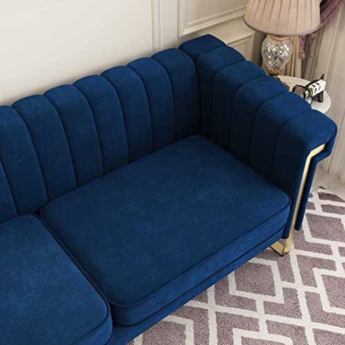 FHDLDS 84 Inch Chesterfield Sofa Mid-Century Modern Velvet Sofa with Flared Arms and Removable Cushions, Upholstered Couch with Stainless Steel Base, Loveseat for Living Room Bedroom Apartment, Blue