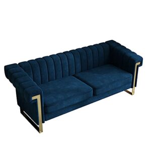 FHDLDS 84 Inch Chesterfield Sofa Mid-Century Modern Velvet Sofa with Flared Arms and Removable Cushions, Upholstered Couch with Stainless Steel Base, Loveseat for Living Room Bedroom Apartment, Blue