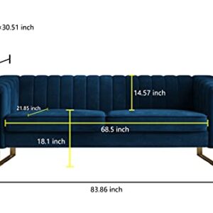 FHDLDS 84 Inch Chesterfield Sofa Mid-Century Modern Velvet Sofa with Flared Arms and Removable Cushions, Upholstered Couch with Stainless Steel Base, Loveseat for Living Room Bedroom Apartment, Blue