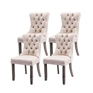 virabit upholstered dining chairs set of 4, velvet tufted dining chairs with nailhead back and ring pull trim, solid wood dining chairs for kitchen/bedroom/dining room (beige)
