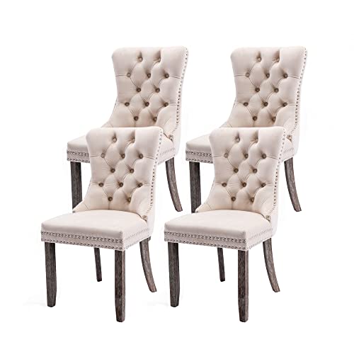 Virabit Upholstered Dining Chairs Set of 4, Velvet Tufted Dining Chairs with Nailhead Back and Ring Pull Trim, Solid Wood Dining Chairs for Kitchen/Bedroom/Dining Room (Beige)