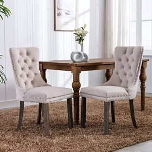 Virabit Upholstered Dining Chairs Set of 4, Velvet Tufted Dining Chairs with Nailhead Back and Ring Pull Trim, Solid Wood Dining Chairs for Kitchen/Bedroom/Dining Room (Beige)