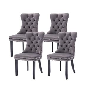 virabit tufted dining chairs set of 4, velvet upholstered dining chairs with nailhead back and ring pull trim, solid wood dining chairs for kitchen/bedroom/dining room (grey)