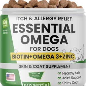 Omega 3 for Dogs - for Dry Itchy Skin - Fish Oil Chews - Skin & Coat Supplement - Itch Relief, Allergy, Anti Shedding, Hot Spots Treatment - w/EPA & DHA - Vitamins - Made in USA - 120 Treats