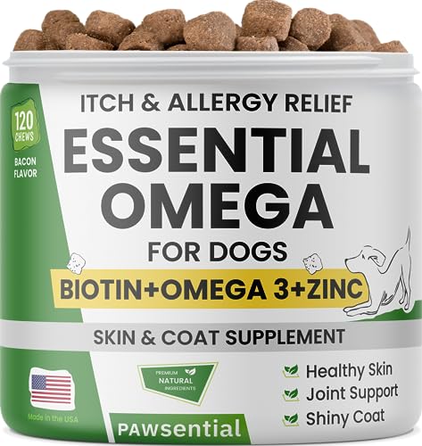 Omega 3 for Dogs - for Dry Itchy Skin - Fish Oil Chews - Skin & Coat Supplement - Itch Relief, Allergy, Anti Shedding, Hot Spots Treatment - w/EPA & DHA - Vitamins - Made in USA - 120 Treats