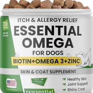 Omega 3 for Dogs - for Dry Itchy Skin - Fish Oil Chews - Skin & Coat Supplement - Itch Relief, Allergy, Anti Shedding, Hot Spots Treatment - w/EPA & DHA - Vitamins - Made in USA - 120 Treats