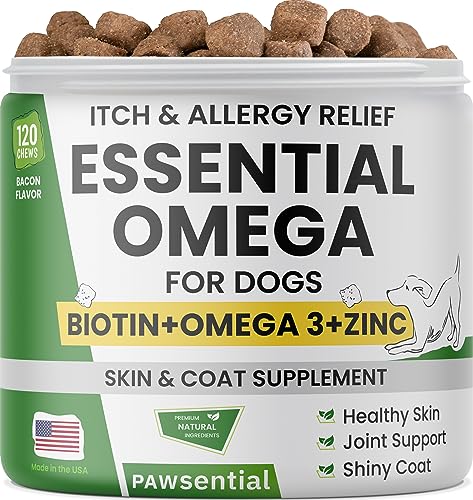 Omega 3 for Dogs - for Dry Itchy Skin - Fish Oil Chews - Skin & Coat Supplement - Itch Relief, Allergy, Anti Shedding, Hot Spots Treatment - w/EPA & DHA - Vitamins - Made in USA - 120 Treats