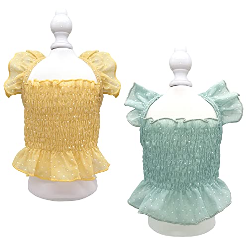 ELILY 2 Pieces Dog Dresses for Dog Cat Puppy, Comfortable Smocked Sundress with Ruffled Shoulders (X-Small, Yellow+Green)