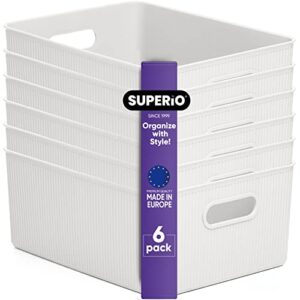 superio ribbed collection - decorative plastic open home storage bins organizer baskets, large white (6 pack) container boxes for organizing closet shelves drawer shelf 15 liter/16 quart