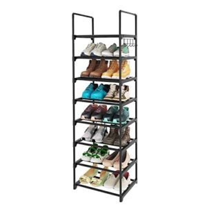 yahao 8 tiers tall shoe rack narrow for entryway, sturdy metal shoe rack organizer with side hooks, free standing shoe rack for closet