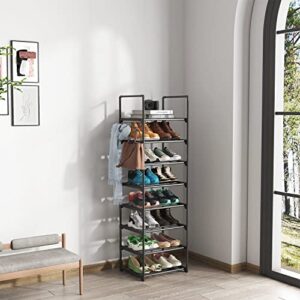 YAHAO 8 Tiers Tall Shoe Rack Narrow for Entryway, Sturdy Metal Shoe Rack Organizer with Side Hooks, Free Standing Shoe Rack for Closet