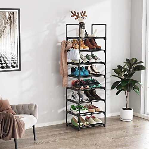 YAHAO 8 Tiers Tall Shoe Rack Narrow for Entryway, Sturdy Metal Shoe Rack Organizer with Side Hooks, Free Standing Shoe Rack for Closet