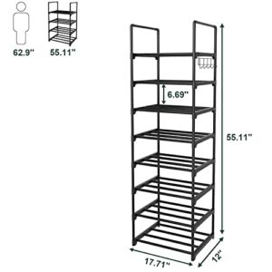 YAHAO 8 Tiers Tall Shoe Rack Narrow for Entryway, Sturdy Metal Shoe Rack Organizer with Side Hooks, Free Standing Shoe Rack for Closet