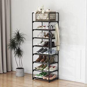 YAHAO 8 Tiers Tall Shoe Rack Narrow for Entryway, Sturdy Metal Shoe Rack Organizer with Side Hooks, Free Standing Shoe Rack for Closet