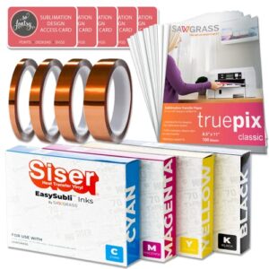 sawgrass easysubli inks sg500 & sg1000 4 pack with sublimation paper, 4 rolls of tape, & designs