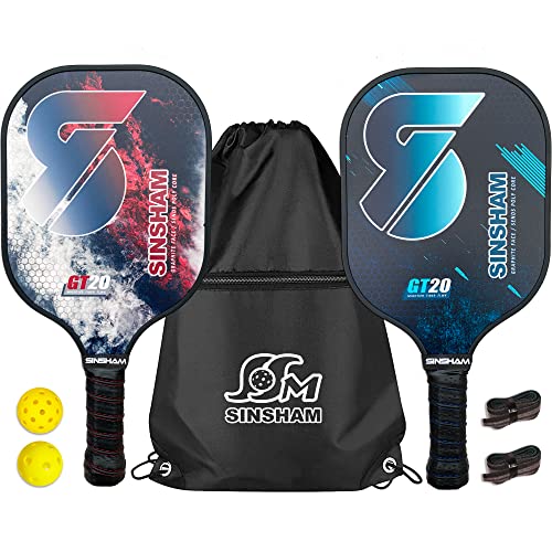 SINSHAM Pickleball Paddles,Pickleball Paddles Set of 2,Graphite Surface,Polypropylene Honeycomb Core,Cushion Grip,Lightweight Pickleball,1 Portable Drawstring Bag,2 Balls,2 Replacement Soft Grips