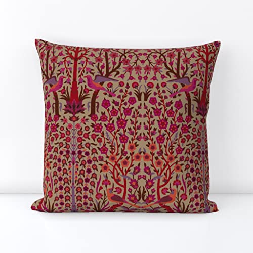 Spoonflower Square Throw Pillow, 18", Linen Cotton Canvas - Red Renaissance Medieval Garden Vintage Style Damask Moroccan Print Throw Pillow Cover w/Insert