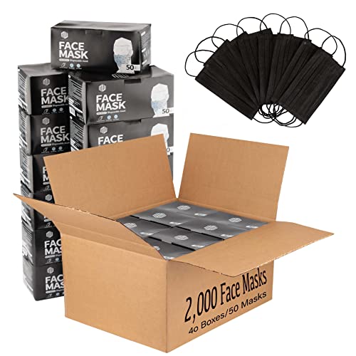 BH Supplies 2000 PCs Bulk Face Mask (40 Packs, 50pcs/Pack), Non Woven Thick 3-Layers Breathable Facial Masks with Adjustable Earloop, Mouth and Nose Cover - Black