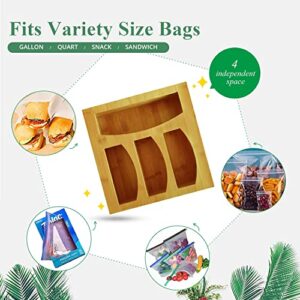 Ziplock Bag Storage Organizer for Kitchen Organization, Bamboo Drawer Organizer, Compatible with Most Brands of or Slider Type Plastic Bags, Slots Gallon, Quart, Sandwich, Snack, 12'' x 3''