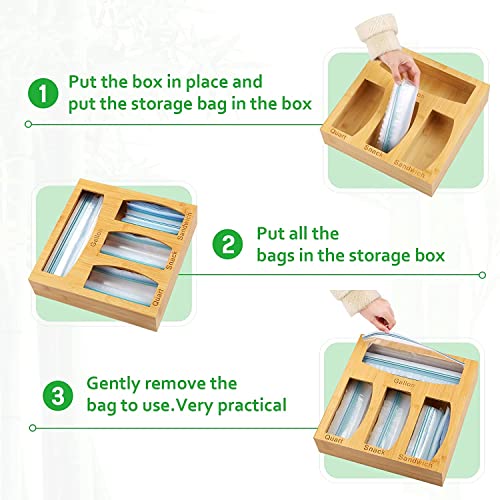 Ziplock Bag Storage Organizer for Kitchen Organization, Bamboo Drawer Organizer, Compatible with Most Brands of or Slider Type Plastic Bags, Slots Gallon, Quart, Sandwich, Snack, 12'' x 3''