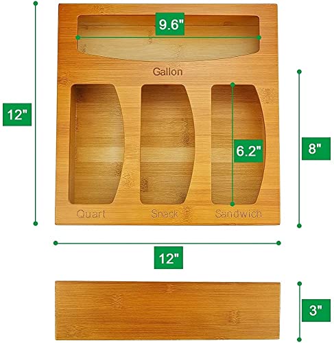 Ziplock Bag Storage Organizer for Kitchen Organization, Bamboo Drawer Organizer, Compatible with Most Brands of or Slider Type Plastic Bags, Slots Gallon, Quart, Sandwich, Snack, 12'' x 3''