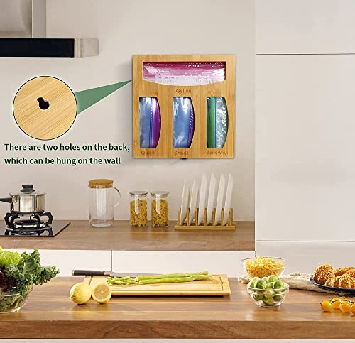 Ziplock Bag Storage Organizer for Kitchen Organization, Bamboo Drawer Organizer, Compatible with Most Brands of or Slider Type Plastic Bags, Slots Gallon, Quart, Sandwich, Snack, 12'' x 3''