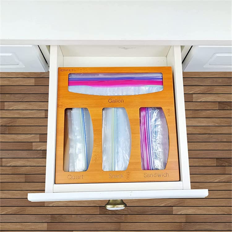 Ziplock Bag Storage Organizer for Kitchen Organization, Bamboo Drawer Organizer, Compatible with Most Brands of or Slider Type Plastic Bags, Slots Gallon, Quart, Sandwich, Snack, 12'' x 3''