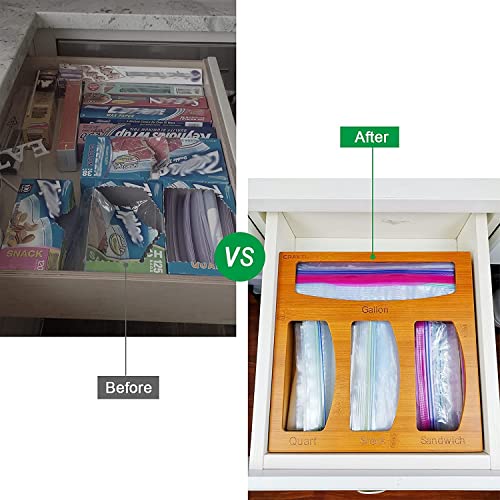 Ziplock Bag Storage Organizer for Kitchen Organization, Bamboo Drawer Organizer, Compatible with Most Brands of or Slider Type Plastic Bags, Slots Gallon, Quart, Sandwich, Snack, 12'' x 3''