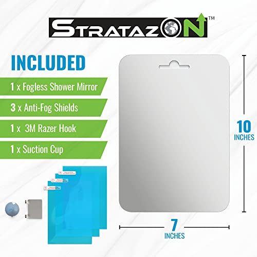 Stratazon Shower Mirror Fogless for Shaving, New Anti-Fog Replaceable Shields, Hard Water Resistant, 3m Razor/Mirror Hook, Ultra Suction, Easy Install, Shower Mirror, Large (7x10)