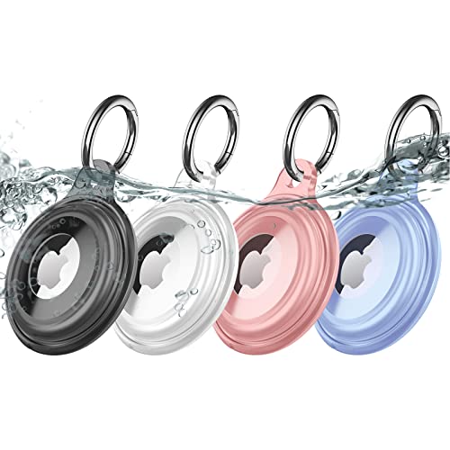 4 Pack IPX8 Waterproof AirTag Keychain Holder Case, Lightweight, Anti-Scratch, Easy Installation,Soft Full-Body Shockproof Air Tag Holder for Luggage,Keys, Dog Collar (Black+Clear+Blue+Pink)