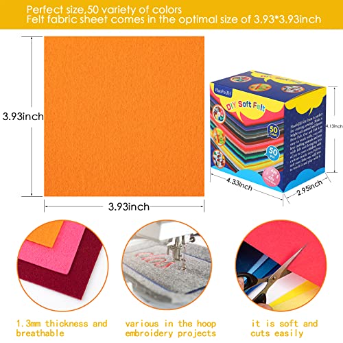 HaofeiJH 50Pcs Felt Sheets,4 * 4inch Craft Felt Squares 50 Assorted Colors Felt Papers for Craft1.3mm Soft Felt Felt Pack DIY Craft Sewing Non-Woven Felt Fabric for Kids, School Supplies