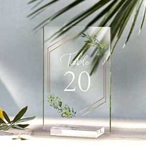 AerWo Acrylic Wedding Table Numbers 1-20 with Stands, 4x6 inches Clear Sign Place Cards with Gold Trim Green Floral Theme, Rustic Table Numbers for Wedding Reception Anniversary Baby Bridal Shower