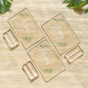 AerWo Acrylic Wedding Table Numbers 1-20 with Stands, 4x6 inches Clear Sign Place Cards with Gold Trim Green Floral Theme, Rustic Table Numbers for Wedding Reception Anniversary Baby Bridal Shower