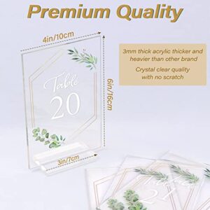 AerWo Acrylic Wedding Table Numbers 1-20 with Stands, 4x6 inches Clear Sign Place Cards with Gold Trim Green Floral Theme, Rustic Table Numbers for Wedding Reception Anniversary Baby Bridal Shower