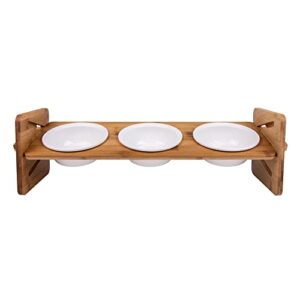 hateli elevated adjustable raised dog cat ceramic bowls, small dog 15° tilted raised food feeding dishes, solid bamboo water stand feeder set for cats and puppy(3 bowl)