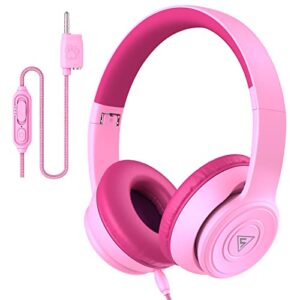 doqaus wired headphones for kids, kids headphones with microphone & volume limiter & shareport, gift for children/girls/boys/teens, 3.5mm jack for cellphones/computer/kindle/tablet/school/travel(pink)