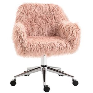 vinsetto faux fur desk chair, swivel vanity chair with adjustable height and wheels for office, bedroom, pink