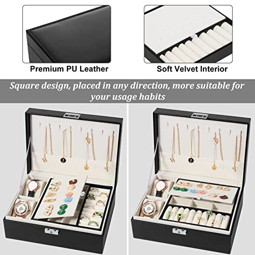 SIMBOOM Jewelry Box for Women Girls, 2 Layer Jewelry Organizer with Lock, Jewelry Storage Case with Removable Tray, PU Leather Display Jewelry Holder for Necklace Earrings Rings Bracelets, Black