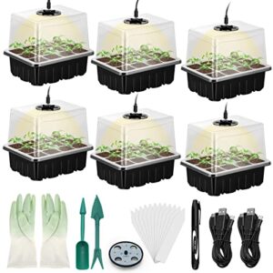 lunies 6 packs seed starter trays with grow light, seeding starter tray with adjustable humidity dome, base indoor greenhouse germination kit for seed growing starting(12 cells per tray, black)