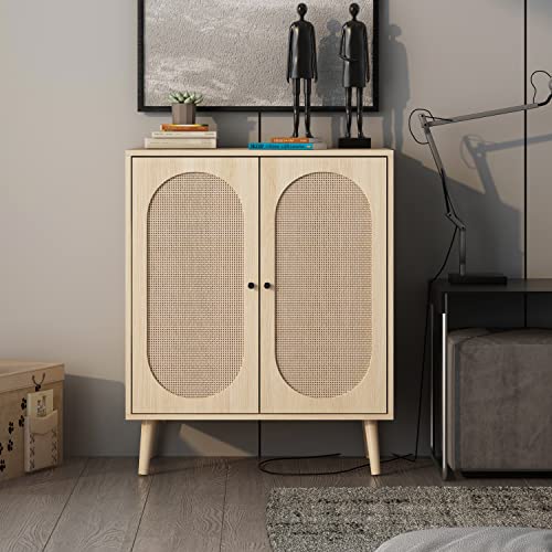 Rattan 2 Doors Buffet Sideboard Cabinet, 2 Tier Adjustable Shelves Accent Cabinet, Free Standing Console Table Sideboard Buffet Cabinet for Entryway Kitchen Dining Room, Natural