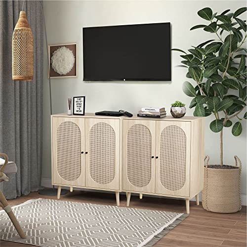 Rattan 2 Doors Buffet Sideboard Cabinet, 2 Tier Adjustable Shelves Accent Cabinet, Free Standing Console Table Sideboard Buffet Cabinet for Entryway Kitchen Dining Room, Natural