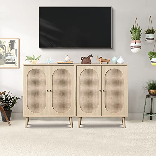 Rattan 2 Doors Buffet Sideboard Cabinet, 2 Tier Adjustable Shelves Accent Cabinet, Free Standing Console Table Sideboard Buffet Cabinet for Entryway Kitchen Dining Room, Natural