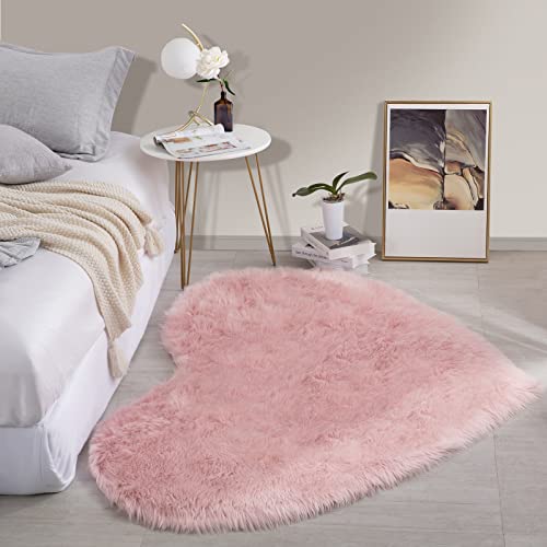 HOMBYS Fluffy 4x6 Faux Fur Heart Shaped Area Rug for Living Room Bedroom, Soft Large Pink Faux Sheepskin Play Carpet for Kids Baby Girls and Pets, Plush Furry Decor Shaggy Feet Mat for Bedside