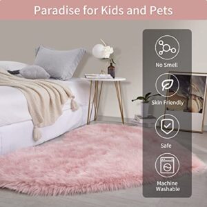 HOMBYS Fluffy 4x6 Faux Fur Heart Shaped Area Rug for Living Room Bedroom, Soft Large Pink Faux Sheepskin Play Carpet for Kids Baby Girls and Pets, Plush Furry Decor Shaggy Feet Mat for Bedside