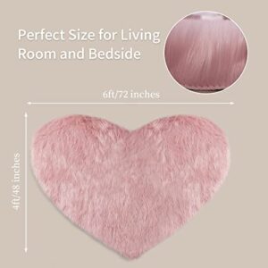 HOMBYS Fluffy 4x6 Faux Fur Heart Shaped Area Rug for Living Room Bedroom, Soft Large Pink Faux Sheepskin Play Carpet for Kids Baby Girls and Pets, Plush Furry Decor Shaggy Feet Mat for Bedside